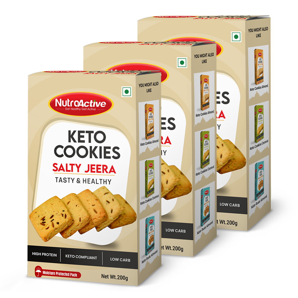 NutroActive Keto Jeera Cookies Salted 0.5g Net Carb Zero Sugar - 200g