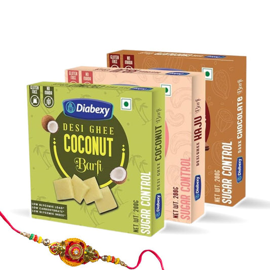 Diabexy Barfi Combo (Kaju, Coconut & Chocolate) 200g Each with 2 Rakhis