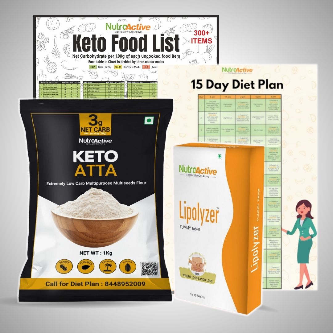 Premium Weight Loss Kit (Keto atta 1 kg, Lipolyzer Tummy tablet, Keto Food List & 15 days Diet Plan)