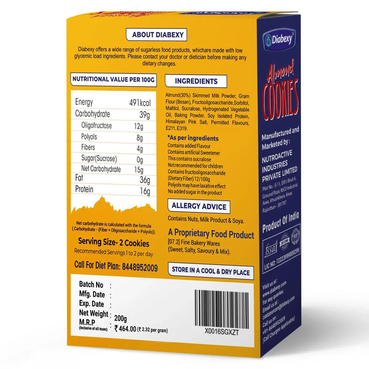 Diabexy almond cookies sugarless with low net carbs, zero sugar, and sucralose for diabetic friendly snacks, healthy sugar free biscuits, and keto cookies.