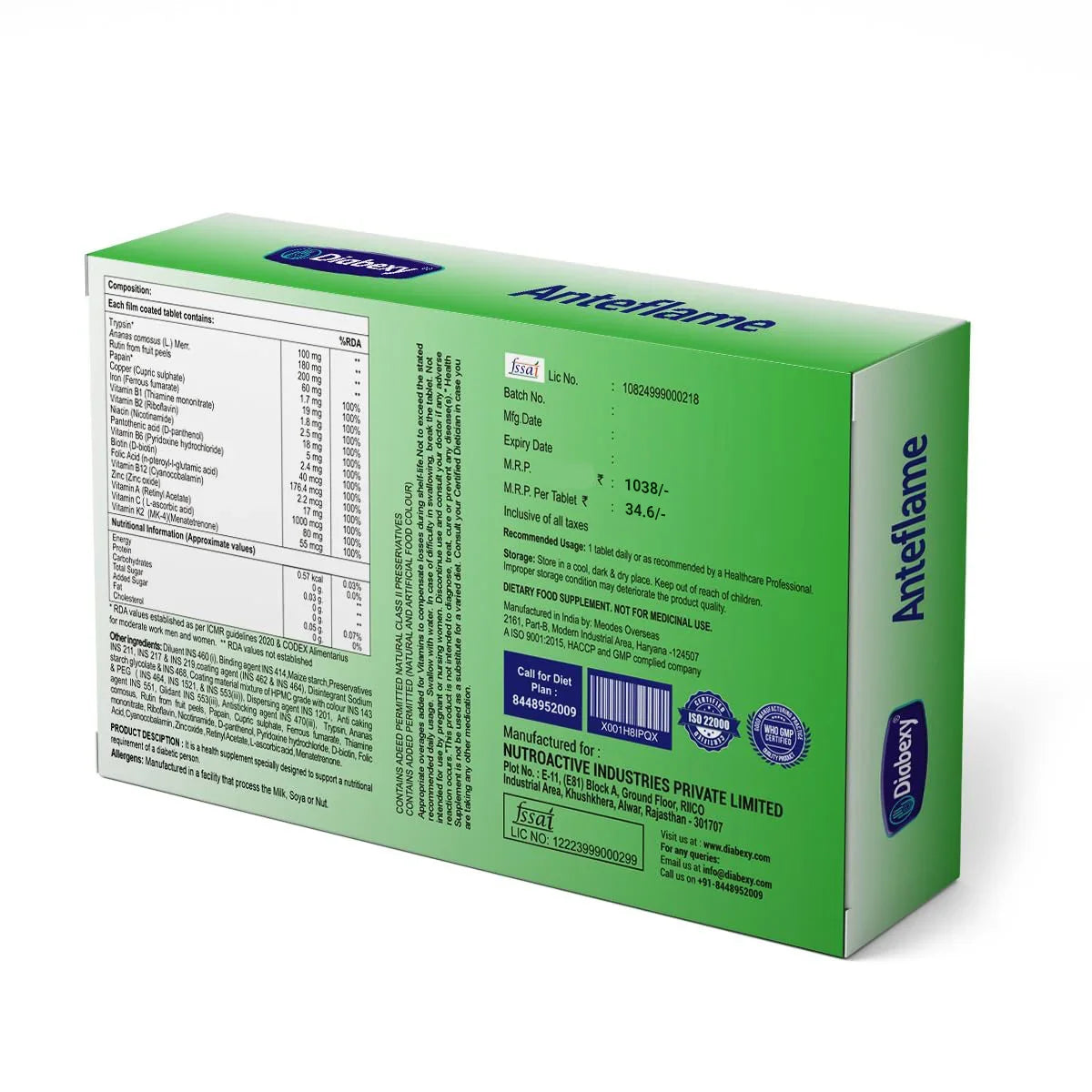 Diabexy Anteflame tablet composition for diabetic health, inflammation control, blood sugar management, and insulin support with herbal extracts and active ingredients.