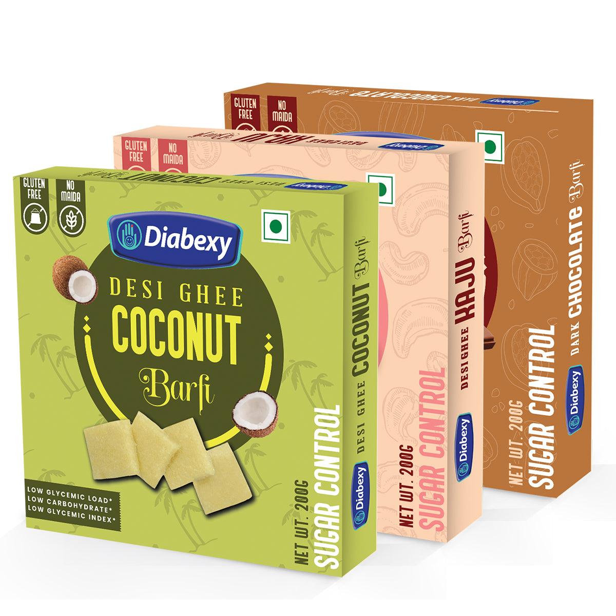 Diabexy Desi Ghee Barfi Combo (Coconut, Kaju & Dark Chocolate) 200 gm Each - Diabexy
