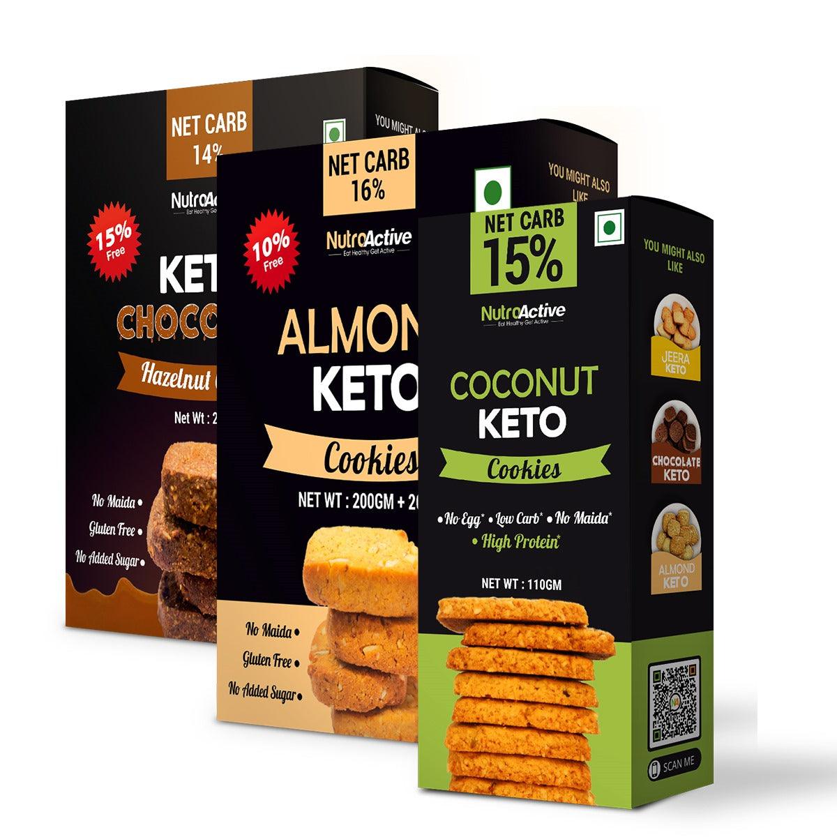 NutroActive Keto Cookies Combo (Almond- 200 gm, Chocolate -200 gm, & Coconut- 110 Gm) (Pack of 3) - Diabexy