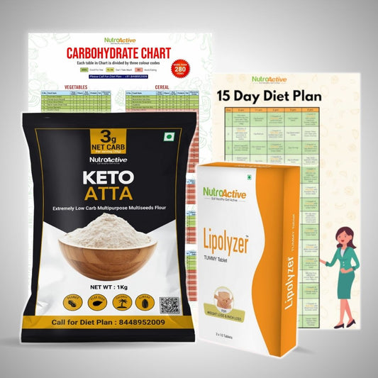 Pre Diabetes Premium Weight Loss Kit (Keto atta 1 kg, Lipolyzer Tummy tablet, Carbohydrate Chart & 15 days Diet Plan)