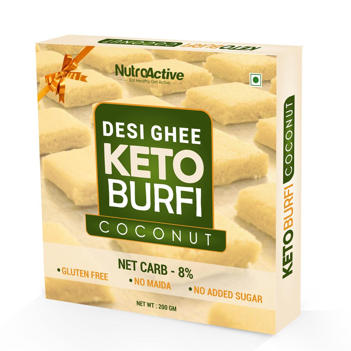 NutroActive Desi Ghee Keto Coconut Barfi, Sugar Free Low Carb Sweets - 200g - Diabexy