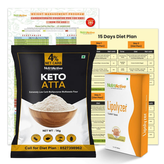Pre Diabetes Premium Weight Loss Kit (Keto atta 1 kg, Lipolyzer Tummy tablet, Carbohydrate Chart & 15 days Diet Plan) - Diabexy